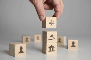 Hand stacking legal framework blocks with justice scales and gavel representing copyright termination rights process for creators