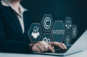 Business professional managing patented invention and intellectual property rights online representing U.S. patent filing cost and protection strategy