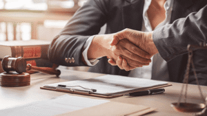 Trademark attorneys handshaking after successfully filing Section 15 incontestability declaration to strengthen brand protection rights