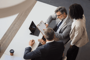 Legal team discussing non-traditional trademark protection strategies and brand differentiation evidence during client consultation