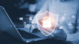 Entrepreneur securing brand trademark and digital assets with cybersecurity protection before launching crowdfunding campaign