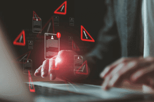 Cybersecurity warning illustrating intellectual property risks for startups.
