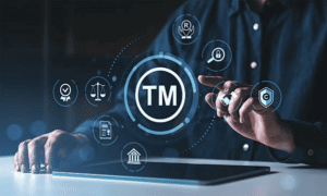 Digital trademark (TM) symbol with legal protection icons, representing trademark registration, brand protection, and intellectual property rights.