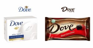 Dove soap and Dove chocolate products side by side illustrating how two businesses can legally use the same name in different industries across states