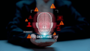 AI deepfake digital face scan with warning alerts on smartphone representing growing threat to brand identity and trademark protection online