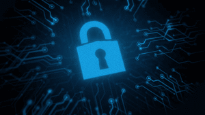 Digital padlock and circuit network representing legal protection of confidential business ideas, trade secrets, and intellectual property