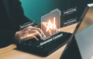 Person using AI content generation tools on laptop including text-to-image and text generation highlighting U.S. copyright ownership questions for AI-generated content