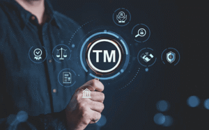 Illinois business owner examining federal trademark registration process and costs through digital TM symbol with legal and IP icons