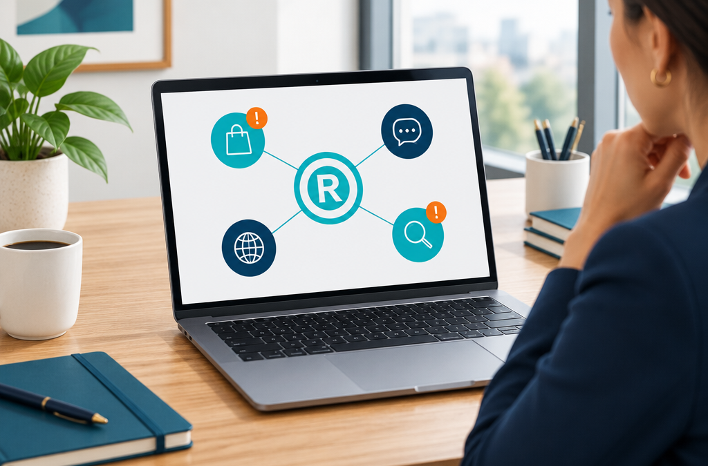 Laptop dashboard monitoring a registered trademark across marketplaces, social media, domains and search
