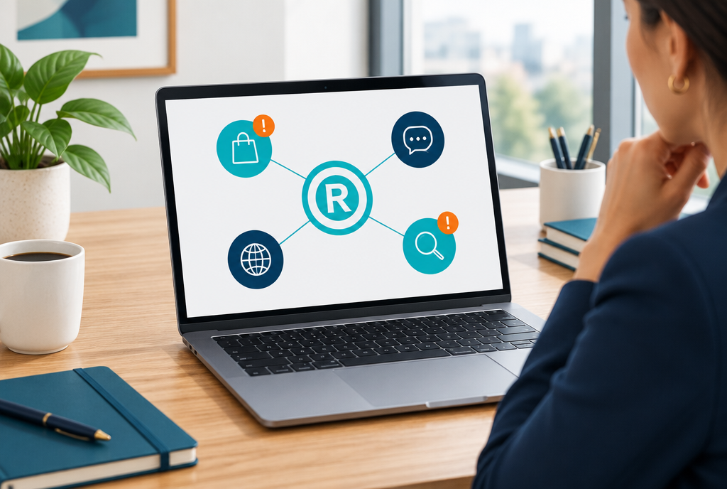 Laptop dashboard monitoring a registered trademark across marketplaces, social media, domains and search