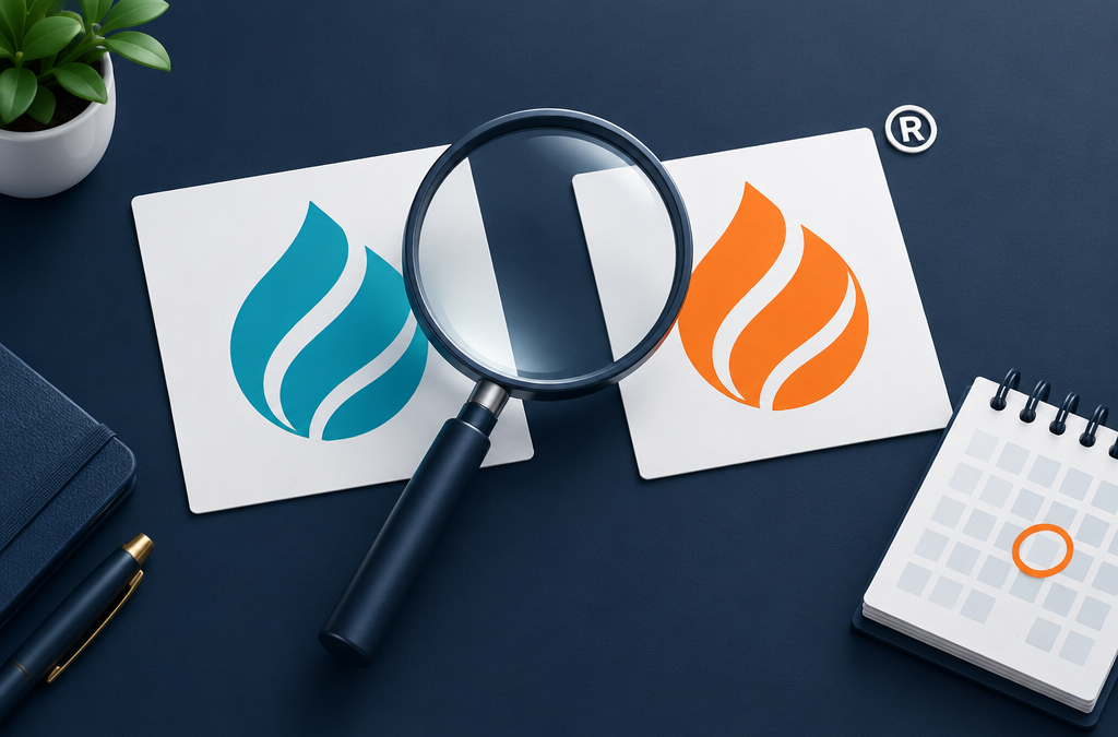 Original brand logo and a similar look-alike logo under a magnifying glass beside a circled deadline