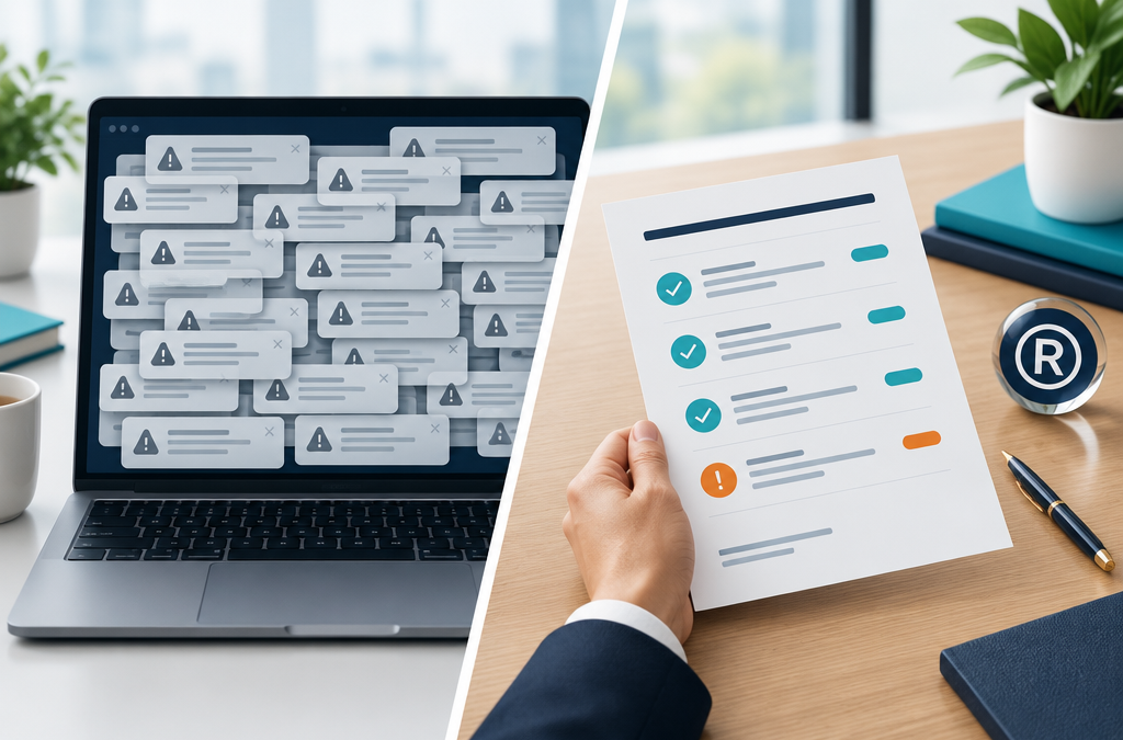 Automated trademark monitoring alerts compared with a short attorney-reviewed trademark watch report