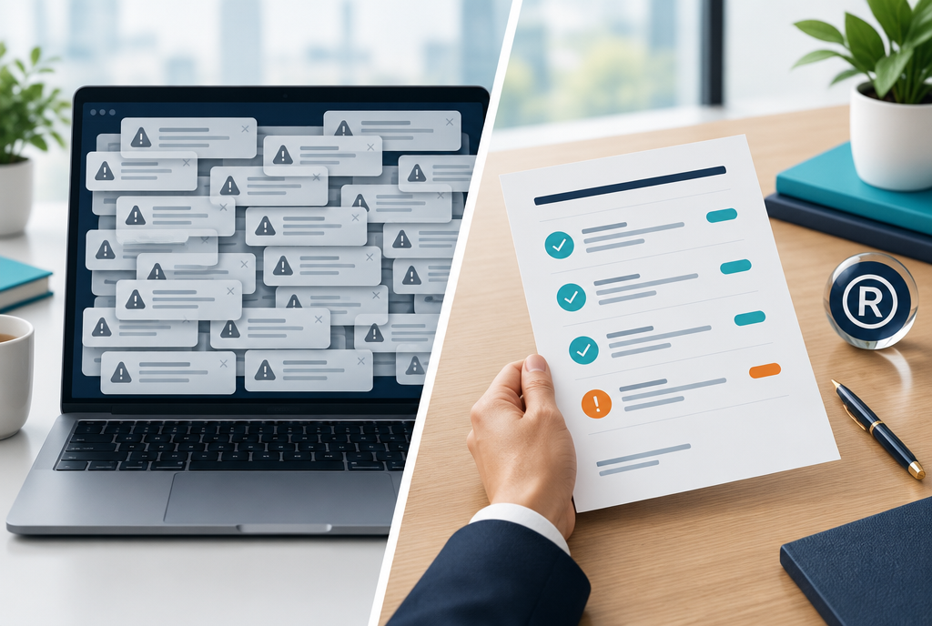 Automated trademark monitoring alerts compared with a short attorney-reviewed trademark watch report