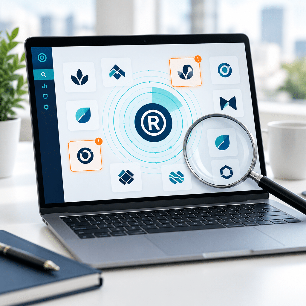 Trademark watch alerts flagging confusingly similar brand logos on a monitoring screen